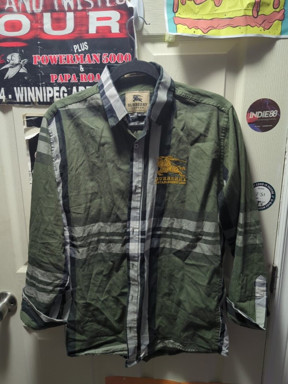 Burberry London Shirt Mens XL Green Plaid Long Sleeve Button Up